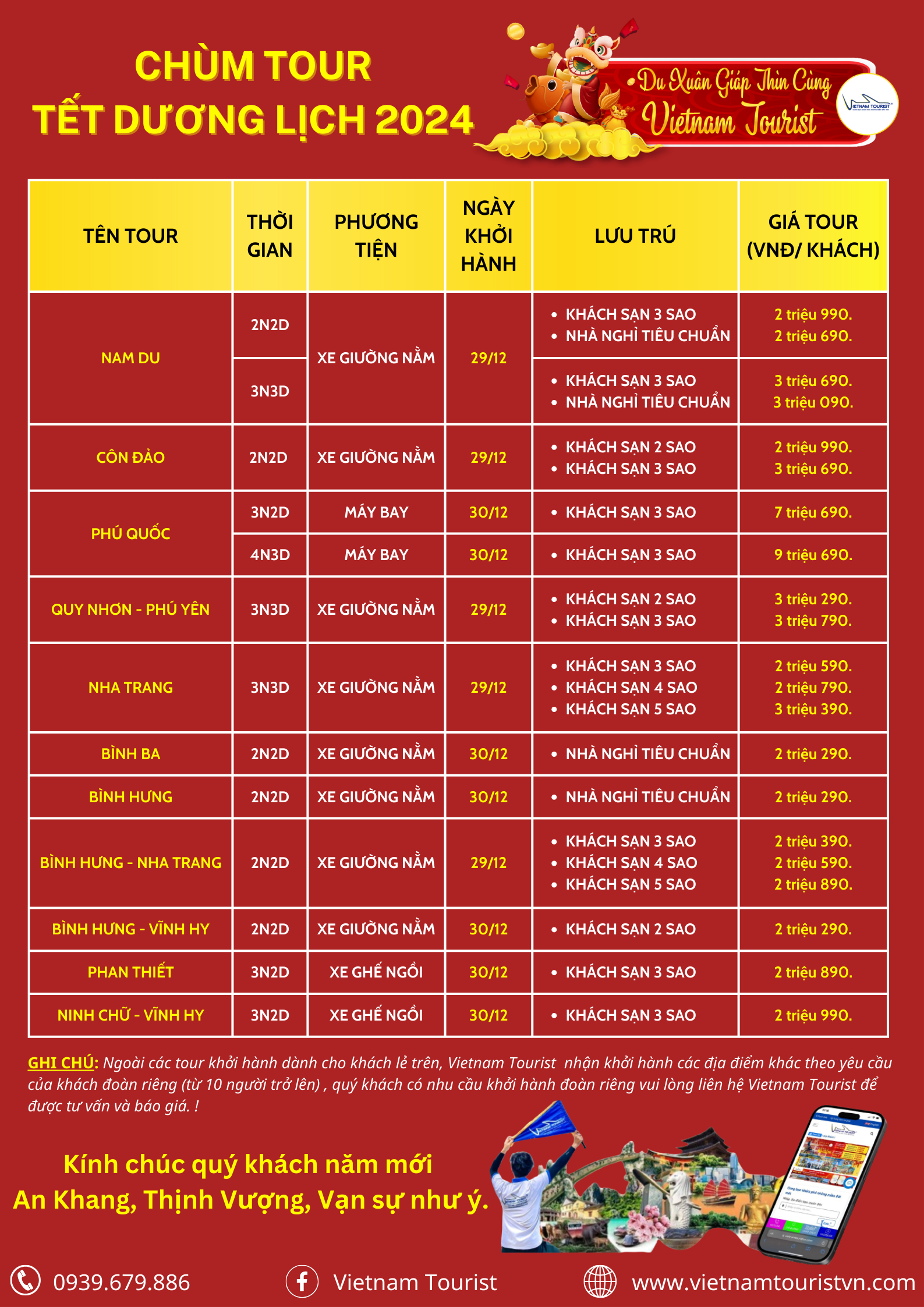 LỊCH KHỞI HÀNH TOUR NỘI ĐỊA TẾT 2024 VIETNAM TOURIST